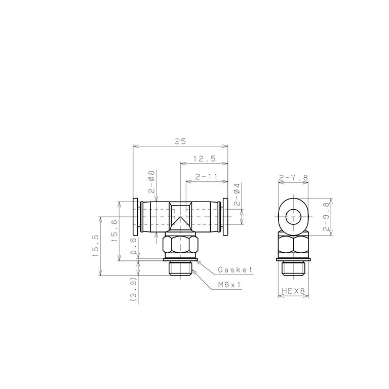 Đầu Nối Nhanh Khí Nén Dạng Chữ T Ren Ngoài Pisco PB4-M6MW_drawing