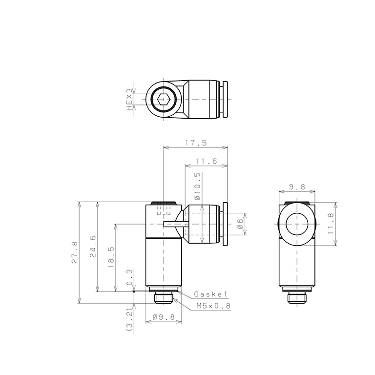 Đầu Nối Nhanh Khí Nén Dạng Cong 90° (Dài) Đầu Lục Giác Chìm Ren Ngoài Pisco POLL6-M5M-C_drawing
