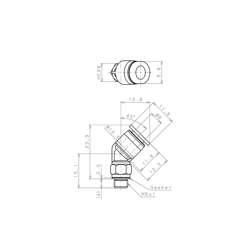 Đầu Nối Nhanh Khí Nén Dạng Cong 45° Ren Ngoài Pisco PLH6-M6M-C_drawing