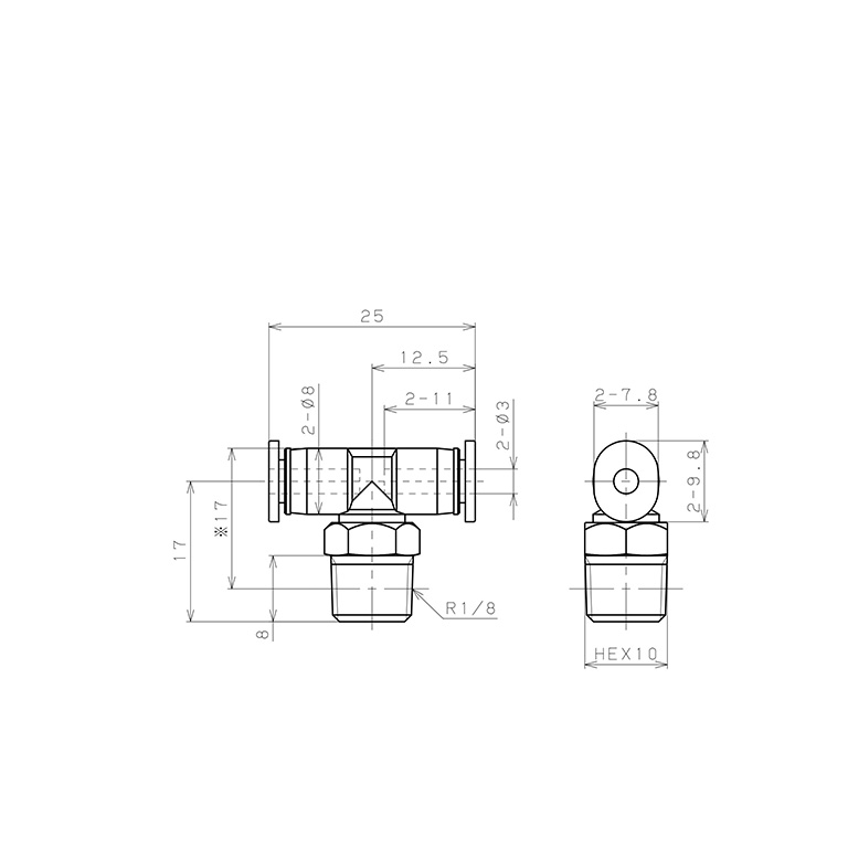 Đầu Nối Nhanh Khí Nén Dạng Chữ T Ren Ngoài Pisco PB3-01M_drawing