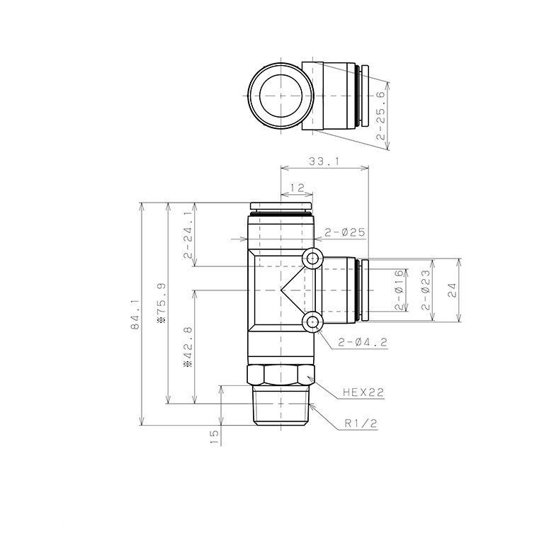 Đầu Nối Nhanh Khí Nén Dạng Chữ T Ren Ngoài Pisco PD16-04-C_drawing