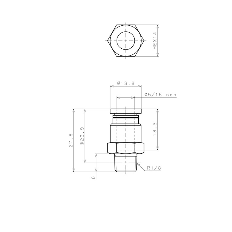 Đầu Nối Nhanh Khí Nén Dạng Thẳng Thân Lục Giác Ren Ngoài Pisco PC5/16-01-C_drawing
