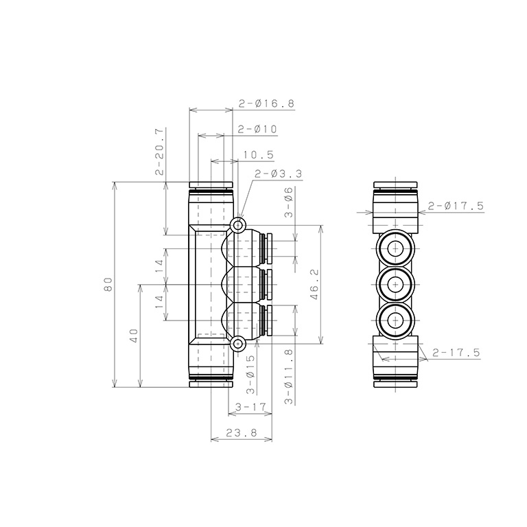 Đầu Nối Nhanh Khí Nén Chữ T 5 Ngã Dạng Nối Giảm Pisco PKG10-6W_drawing