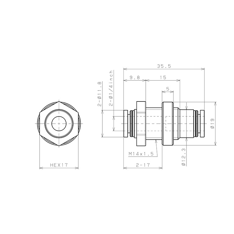Đầu Nối Nhanh Khí Nén Dạng Thẳng Ren Ngoài Lắp Kẹp Vách Pisco PMP1/4W_drawing