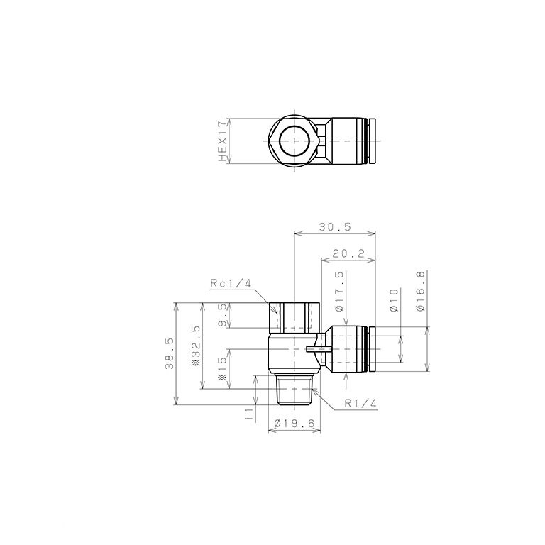 Đầu Nối Nhanh Khí Nén Cong 90° Đầu Lục Giác Trụ Ren Đực Cái Pisco PHF10-02_drawing