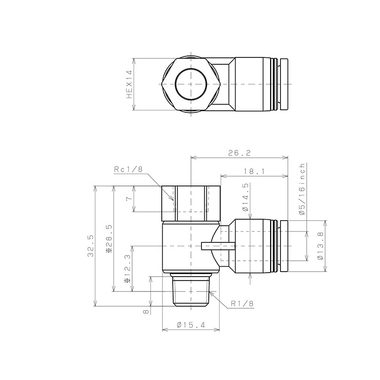 Đầu Nối Nhanh Khí Nén Cong 90° Đầu Lục Giác Trụ Ren Đực Cái Pisco PHF5/16-01_drawing