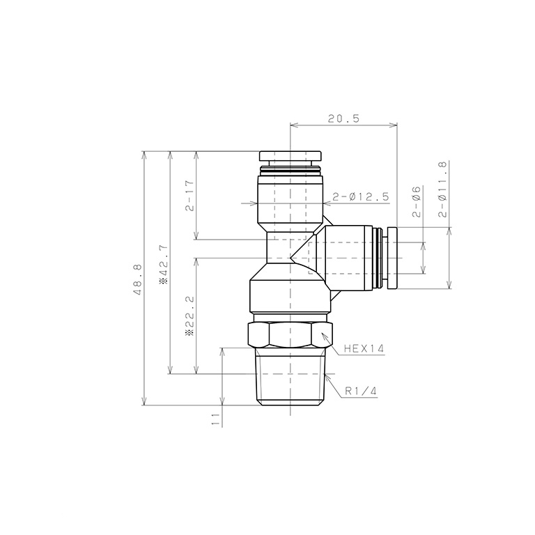 Đầu Nối Nhanh Khí Nén Dạng Chữ T Ren Ngoài Pisco PD6-02-C_drawing