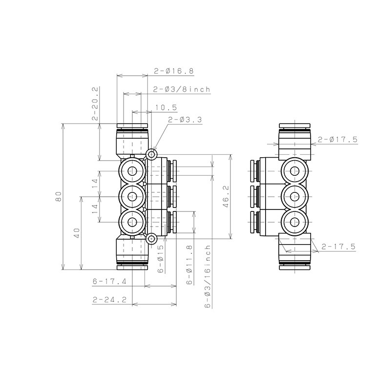 Đầu Nối Nhanh Khí Nén Chữ T 8 Ngã Dạng Nối Giảm Pisco PKVG3/8-3/16-C_drawing