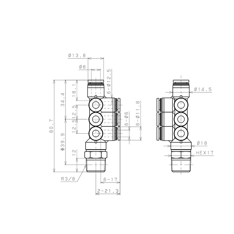 Đầu Nối Nhanh Khí Nén Dạng Chữ T Sáu Nhánh Ren Ngoài Pisco PKVD8-6-03W_drawing