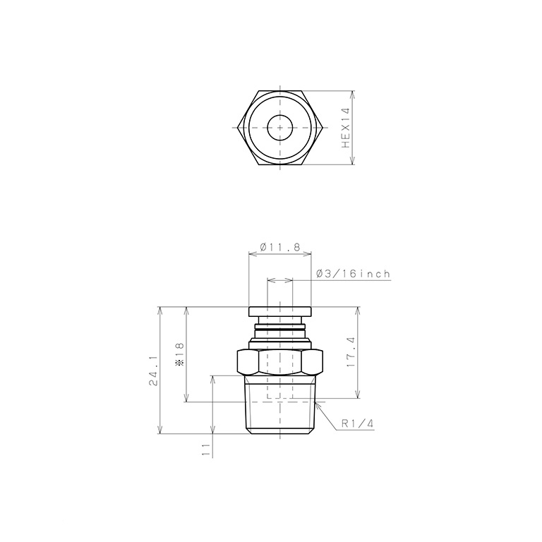 Đầu Nối Nhanh Khí Nén Dạng Thẳng Thân Lục Giác Ren Ngoài Pisco PC3/16-02_drawing