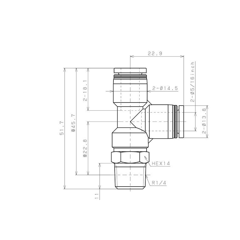 Đầu Nối Nhanh Khí Nén Dạng Chữ T Ren Ngoài Pisco PD5/16-02-C_drawing
