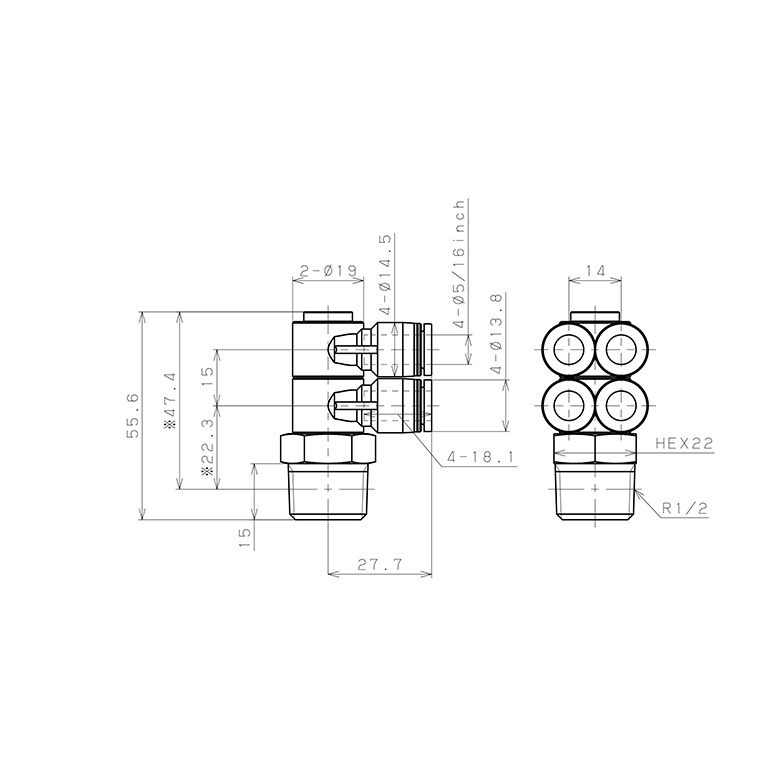 Đầu Nối Nhanh Khí Nén Bốn Nhánh Cong 90° Thân Lục Giác Trụ Ren Ngoài Pisco PAW5/16-04_drawing