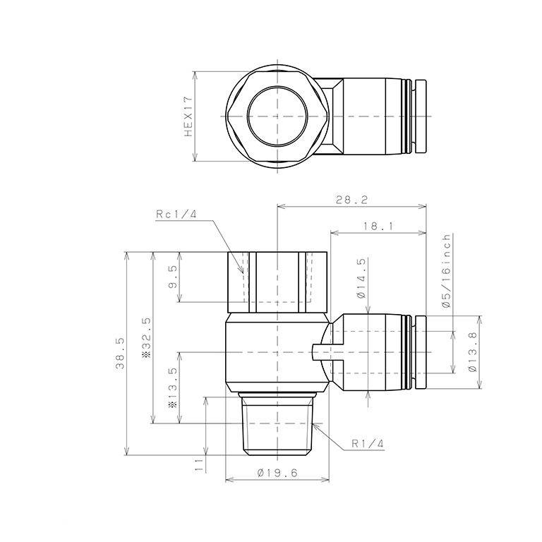 Đầu Nối Nhanh Khí Nén Cong 90° Đầu Lục Giác Trụ Ren Đực Cái Pisco PHF5/16-02_drawing