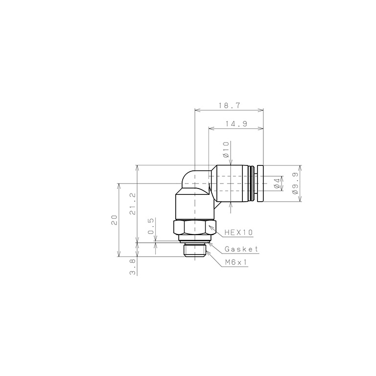 Đầu Nối Nhanh Khí Nén Dạng Cong 90° Ren Ngoài Pisco PL4-M6-C_drawing