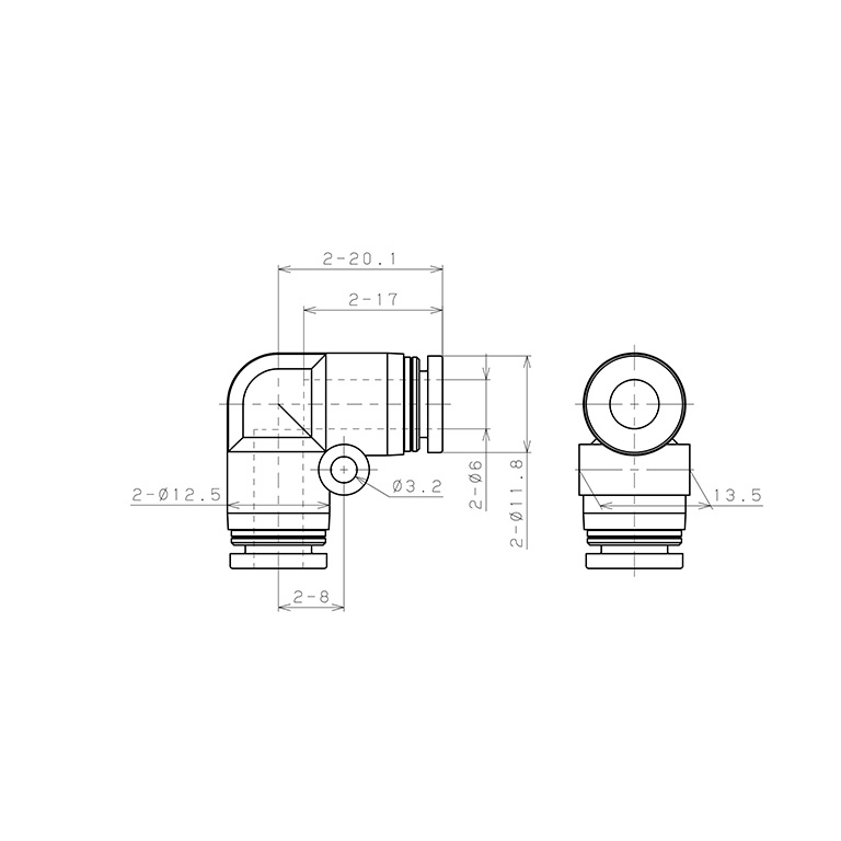 Đầu Nối Nhanh Khí Nén Cong 90° Pisco PV6-C_drawing