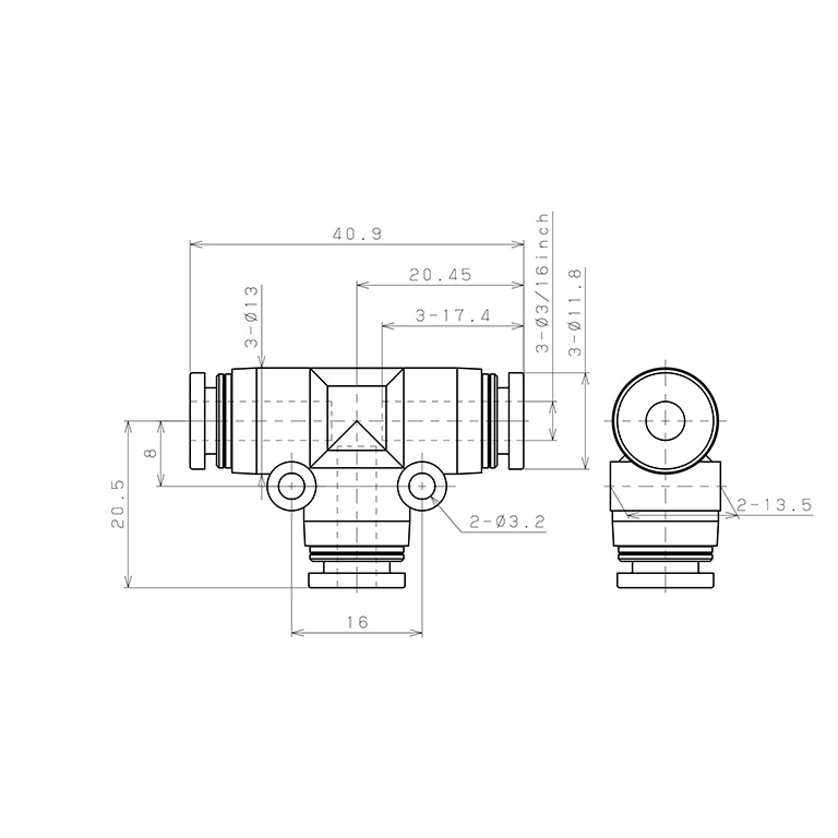 Đầu Nối Nhanh Khí Nén Chữ T Pisco PE3/16-C_drawing
