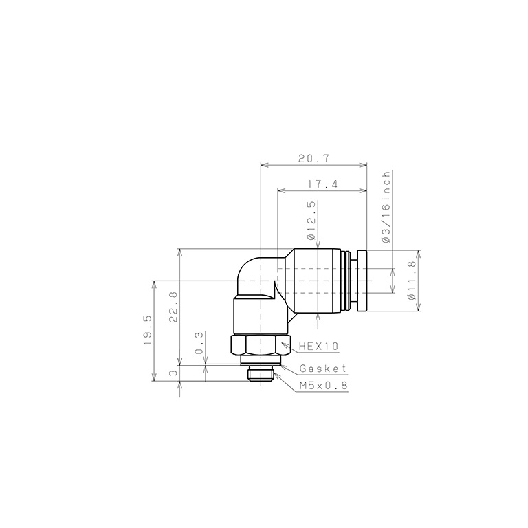 Đầu Nối Nhanh Khí Nén Dạng Cong 90° Ren Ngoài Pisco PL3/16-M5-C_drawing