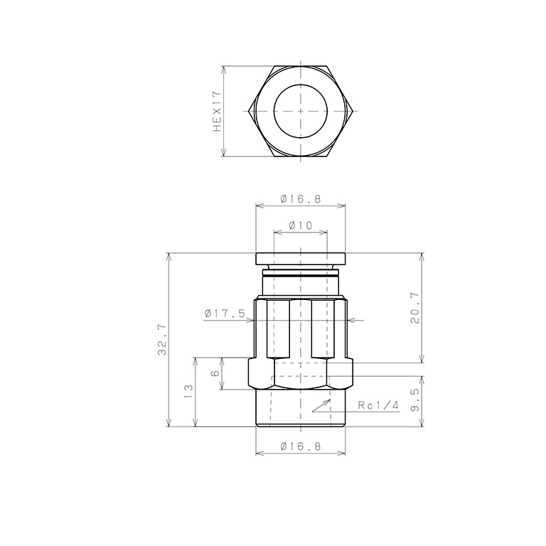 Đầu Nối Nhanh Khí Nén Dạng Thẳng Ren Trong Pisco PCF10-02W_drawing