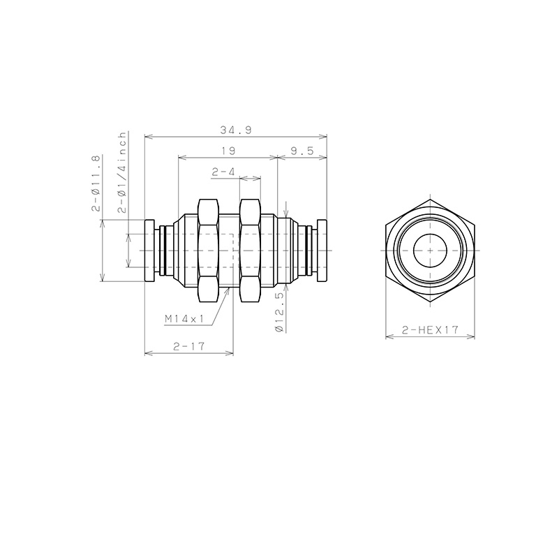 Đầu Nối Nhanh Khí Nén Dạng Thẳng Ren Ngoài Lắp Kẹp Vách Pisco PM1/4W_drawing