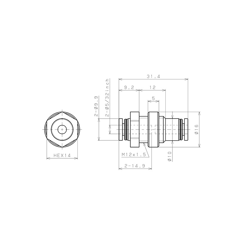 Đầu Nối Nhanh Khí Nén Dạng Thẳng Ren Ngoài Lắp Kẹp Vách Pisco PMP5/32_drawing