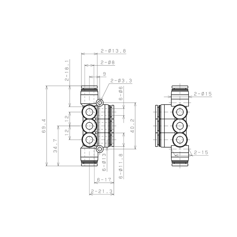 Đầu Nối Nhanh Khí Nén Chữ T 8 Ngã Dạng Nối Giảm Pisco PKVG8-6-C_drawing