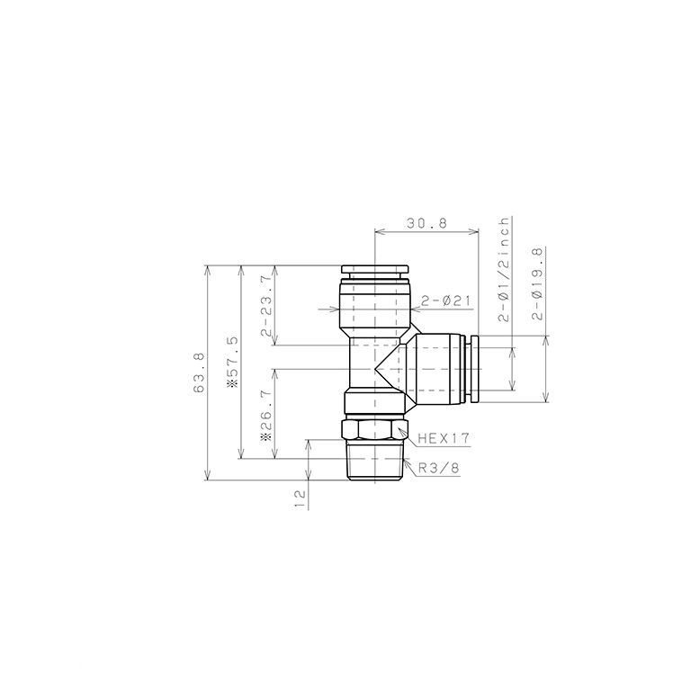 Đầu Nối Nhanh Khí Nén Dạng Chữ T Ren Ngoài Pisco PD1/2-03W_drawing
