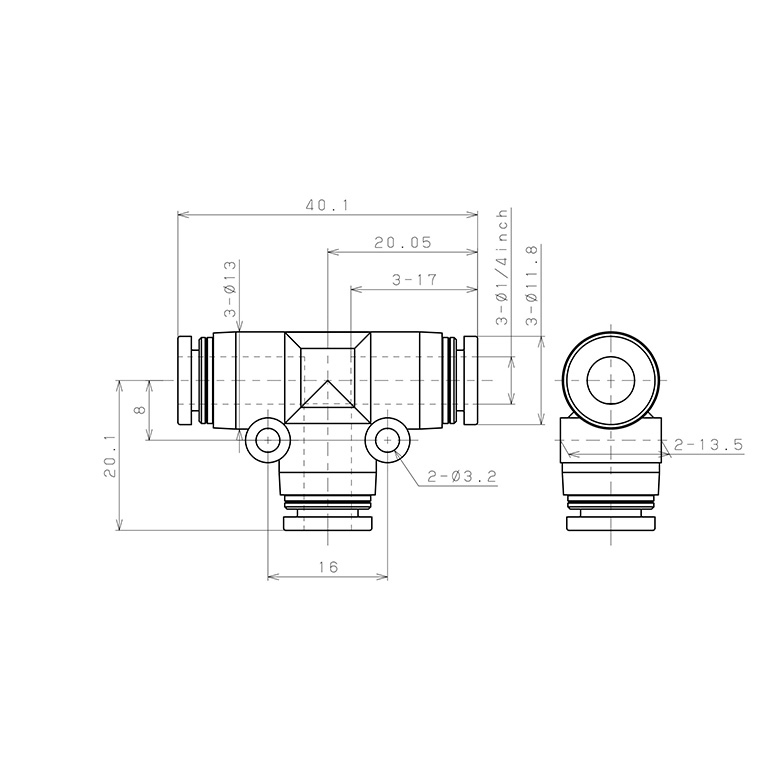 Đầu Nối Nhanh Khí Nén Chữ T Pisco PE1/4_drawing