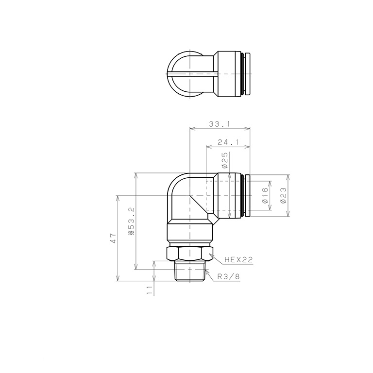 Đầu Nối Nhanh Khí Nén Dạng Cong 90° Ren Ngoài Pisco PL16-03-C_drawing