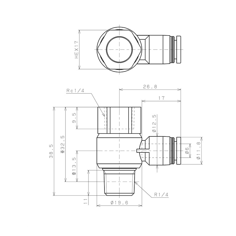 Đầu Nối Nhanh Khí Nén Cong 90° Đầu Lục Giác Trụ Ren Đực Cái Pisco PHF6-02W_drawing