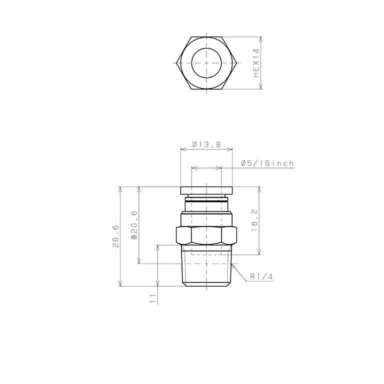 Đầu Nối Nhanh Khí Nén Dạng Thẳng Thân Lục Giác Ren Ngoài Pisco PC5/16-02-C_drawing
