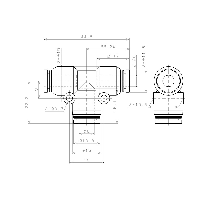 Đầu Nối Nhanh Khí Nén Chữ T Dạng Nối Giảm Pisco PEG6-8-UC_drawing