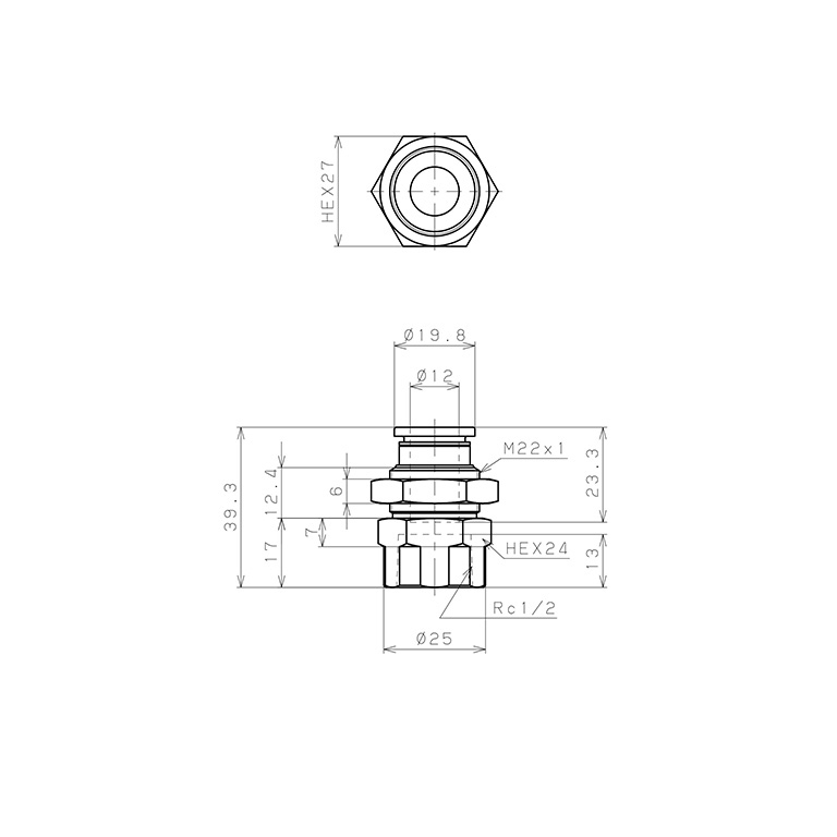 Đầu Nối Nhanh Khí Nén Dạng Thẳng Ren Trong Ngoài Pisco PMF12-04-C_drawing
