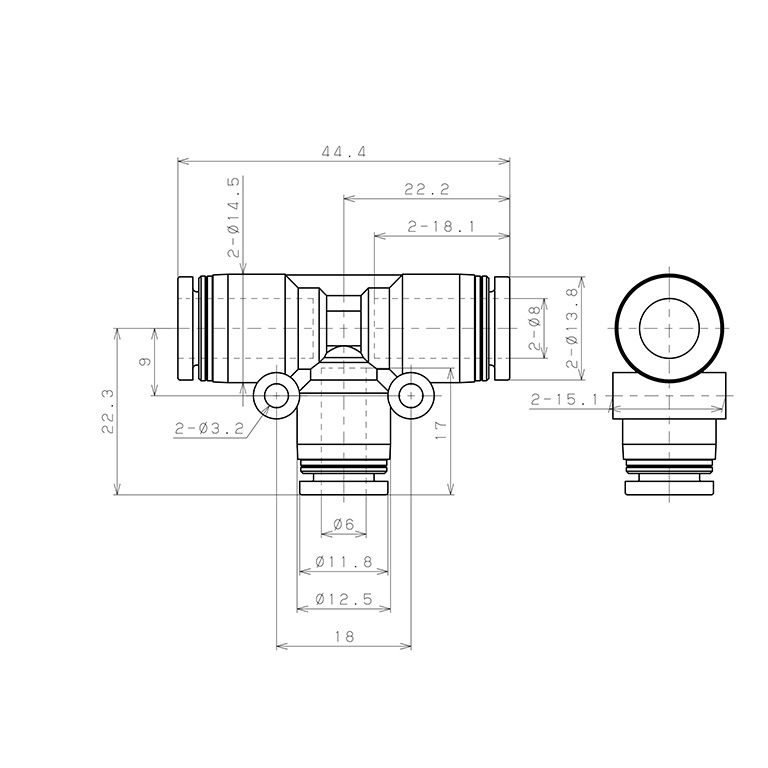 Đầu Nối Nhanh Khí Nén Chữ T Dạng Nối Giảm Pisco PEG8-6W-C_drawing