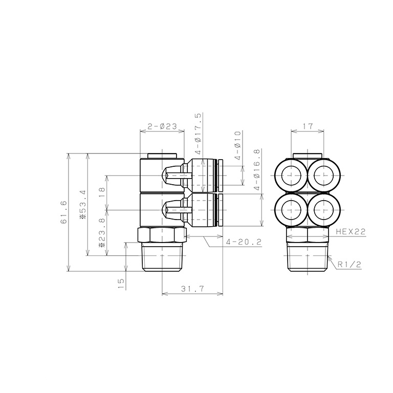 Đầu Nối Nhanh Khí Nén Bốn Nhánh Cong 90° Thân Lục Giác Trụ Ren Ngoài Pisco PAW10-04W_drawing