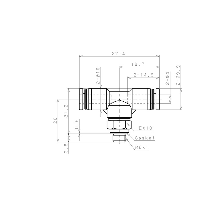 Đầu Nối Nhanh Khí Nén Dạng Chữ T Ren Ngoài Pisco PB4-M6W-C_drawing