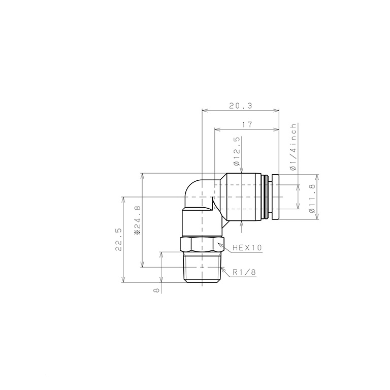 Đầu Nối Nhanh Khí Nén Dạng Cong 90° Ren Ngoài Pisco PL1/4-01-UC_drawing