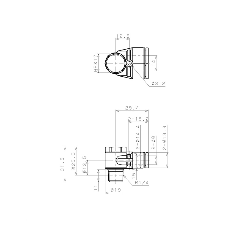 Đầu Nối Nhanh Khí Nén Hai Nhánh Cong 90° Đầu Lục Giác Trụ Ren Ngoài Pisco PA8-02W_drawing