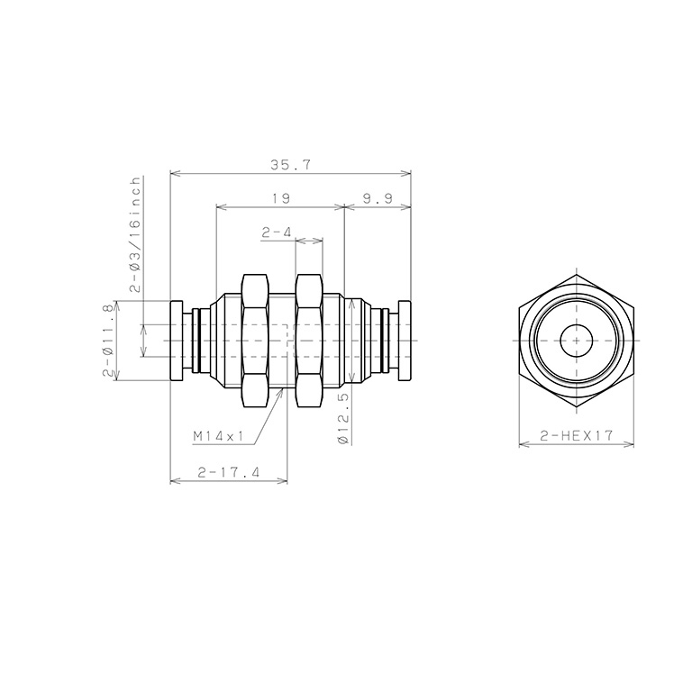 Đầu Nối Nhanh Khí Nén Dạng Thẳng Ren Ngoài Lắp Kẹp Vách Pisco PM3/16W_drawing