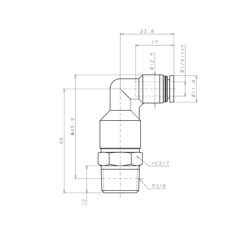 Đầu Nối Nhanh Khí Nén Dạng Cong 90° Ren Ngoài (Dài) Pisco PLL1/4-03_drawing