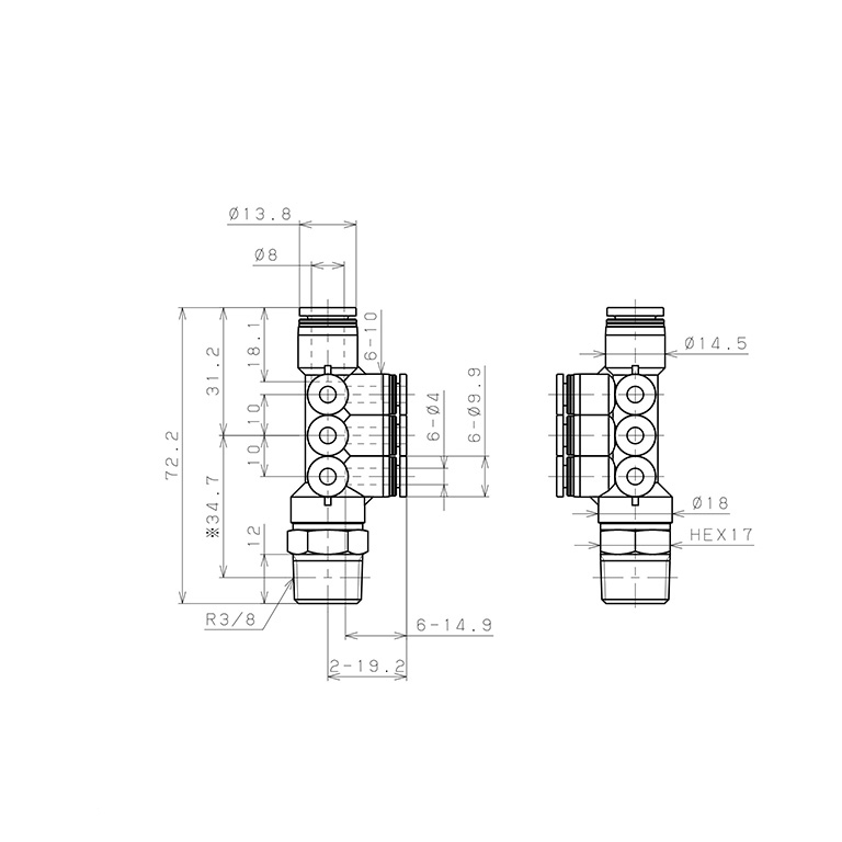 Đầu Nối Nhanh Khí Nén Dạng Chữ T Sáu Nhánh Ren Ngoài Pisco PKVD8-4-03_drawing