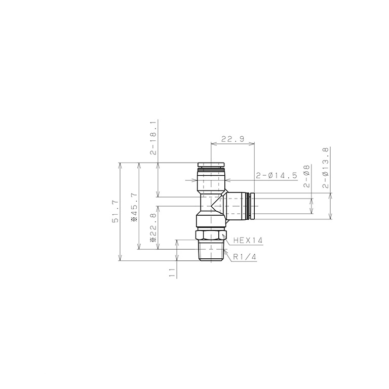 Đầu Nối Nhanh Khí Nén Dạng Chữ T Ren Ngoài Pisco PD8-02W_drawing