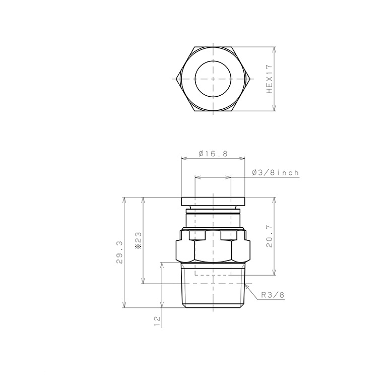 Đầu Nối Nhanh Khí Nén Dạng Thẳng Thân Lục Giác Ren Ngoài Pisco PC3/8-03-C_drawing