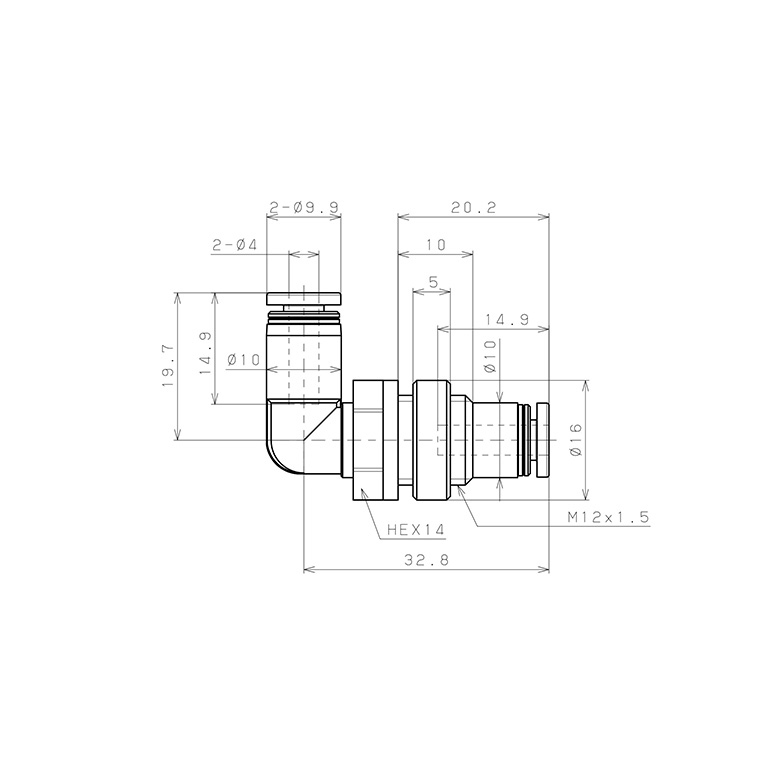 Đầu Nối Nhanh Khí Nén Cong 90° Ren Ngoài Lắp Kẹp Vách Pisco PML4W-C_drawing