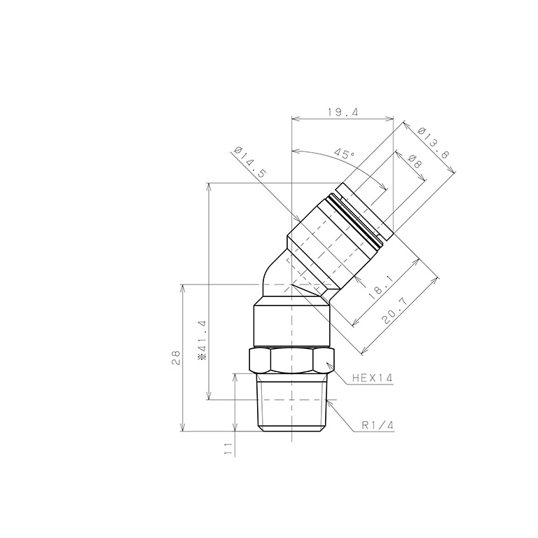 Đầu Nối Nhanh Khí Nén Dạng Cong 45° Ren Ngoài Pisco PLH8-02W_drawing