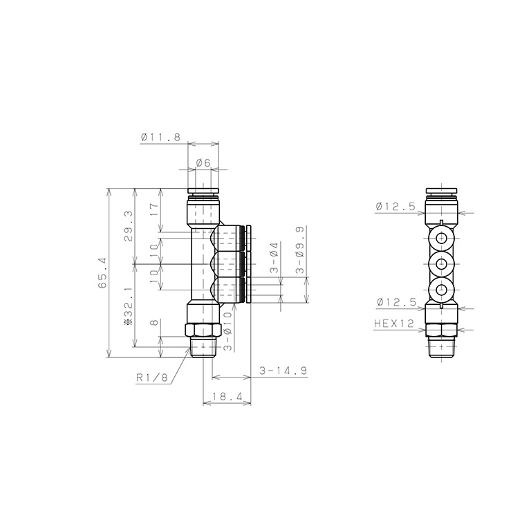 Đầu Nối Nhanh Khí Nén Dạng Chữ T Bốn Nhánh Ren Ngoài Pisco PKD6-4-01_drawing