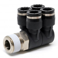 Đầu Nối Nhanh Khí Nén Bốn Nhánh Cong 90° Thân Lục Giác Trụ Ren Ngoài Pisco PAW8-03