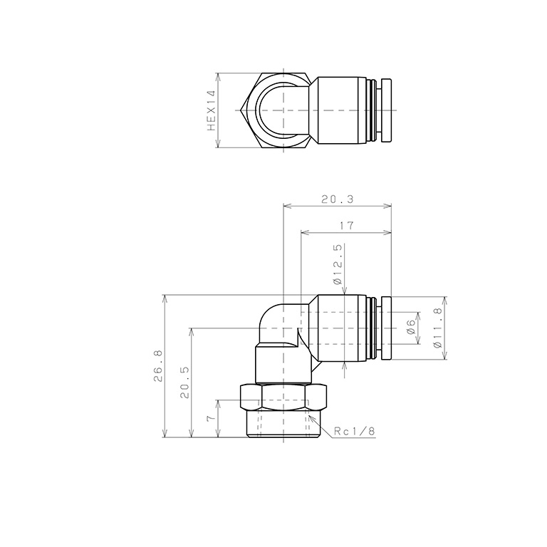 Đầu Nối Nhanh Khí Nén Dạng Cong 90° Ren Trong Pisco PLF6-01-C_drawing