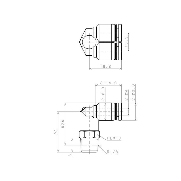 Đầu Nối Nhanh Khí Nén Hai Nhánh Cong 90° Ren Ngoài Pisco PAX4-01_drawing