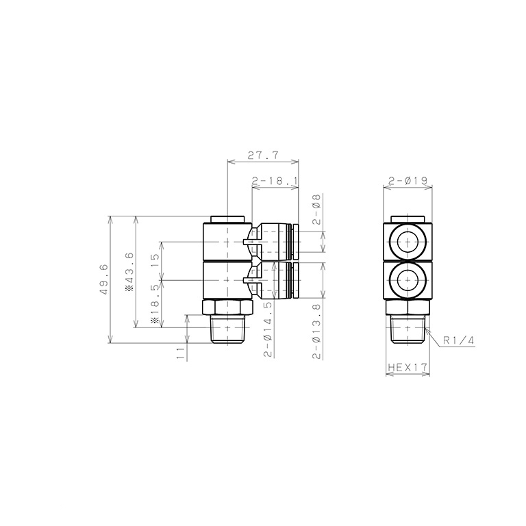 Đầu Nối Nhanh Khí Nén Hai Nhánh Cong 90° Thân Lục Giác Trụ Ren Ngoài Pisco PHW8-02_drawing