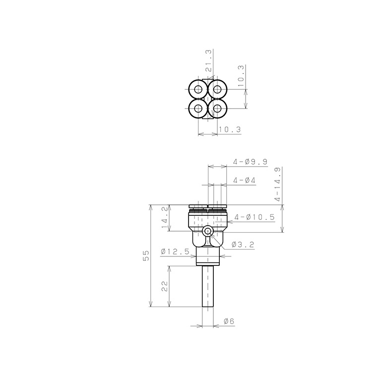 Đầu Nối Nhanh Khí Nén Giữa Ống Khí Và Fitting Bốn Nhánh Dạng Chữ Y Pisco PRJ6-4_drawing